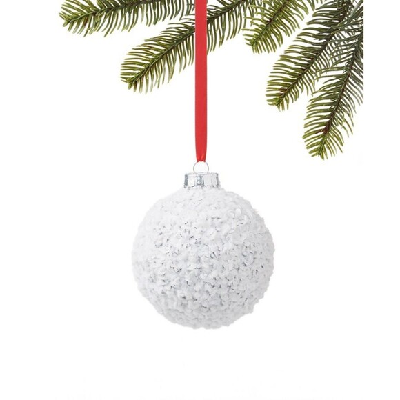 8x Holiday Lane cozy Christmas white flocked sequin Ornament ball - Picture 1 of 2